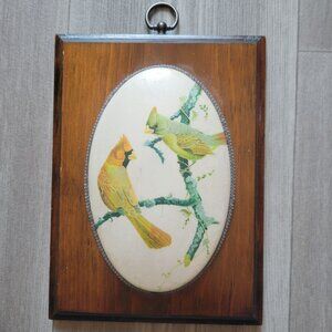 Wooden Wall Plaque With Cardinal Bird Illustration On Oval Ceramic Center